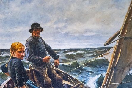 Skärgårdsmålningen På havet Under sommaren 1883 arbetade Albert Edelfelt i sin nya ateljé den stora skärgårdsmålningen På havet. Dit hämtade han en itusågad båt. Modellerna var fiskaren...